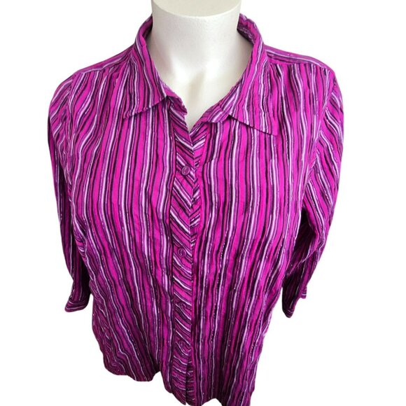 Catherines Womens 2X 22/24W Purple Pink Silver Striped Button-Up Shirt JJ4061 - Picture 2 of 9
